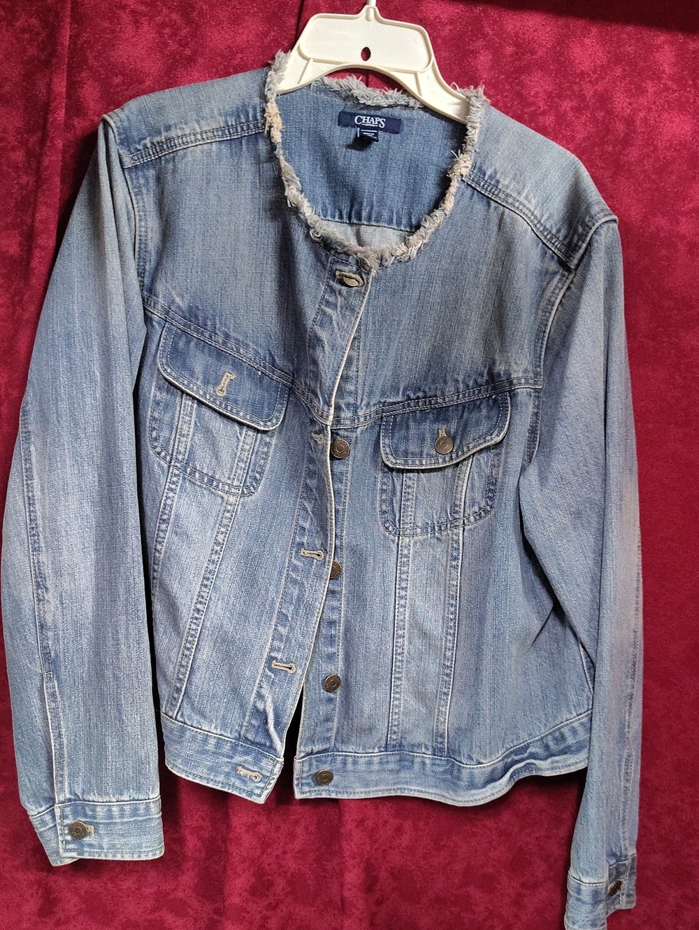 Chaps Light Blue Distressed Collar Denim Jacket